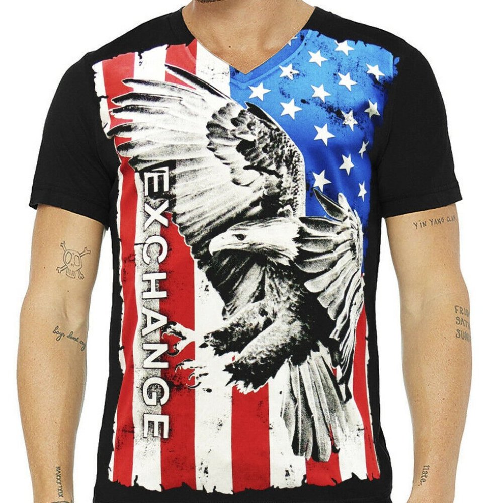 NWT EXCHANGE PATRIOTIC EAGLE MEN'S BLACK V-NECK SHORT SLEEVE T-SHIRT SIZE L